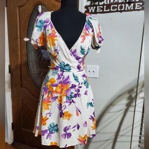 Lulus Floral Open Back Mini Dress Puff Sleeve Tie Back Summer Dress Small
